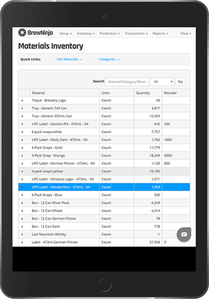 Brew Ninja Brewery Management Software on an Ipad with materials inventory